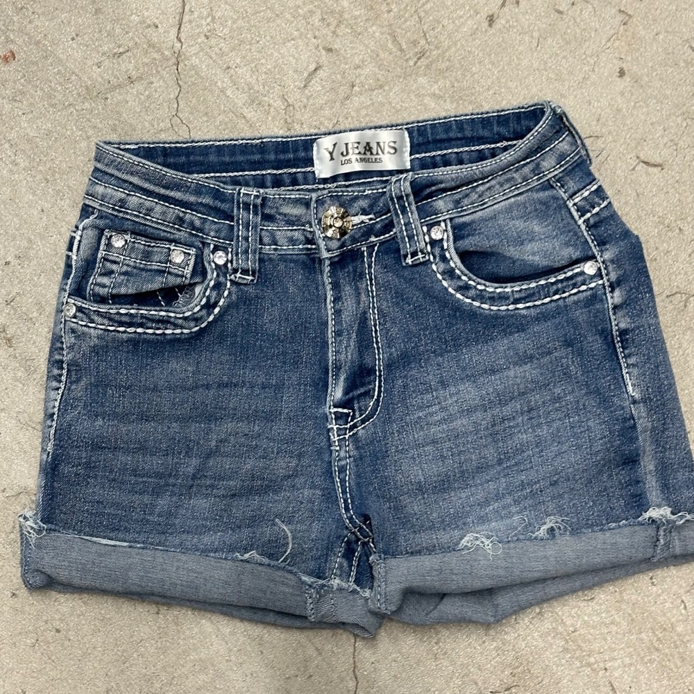 VTG Y Jeans Los Angeles Shorts 3/4 Rhinestone Wing Cross Embroidered Pocket Y2K‎
